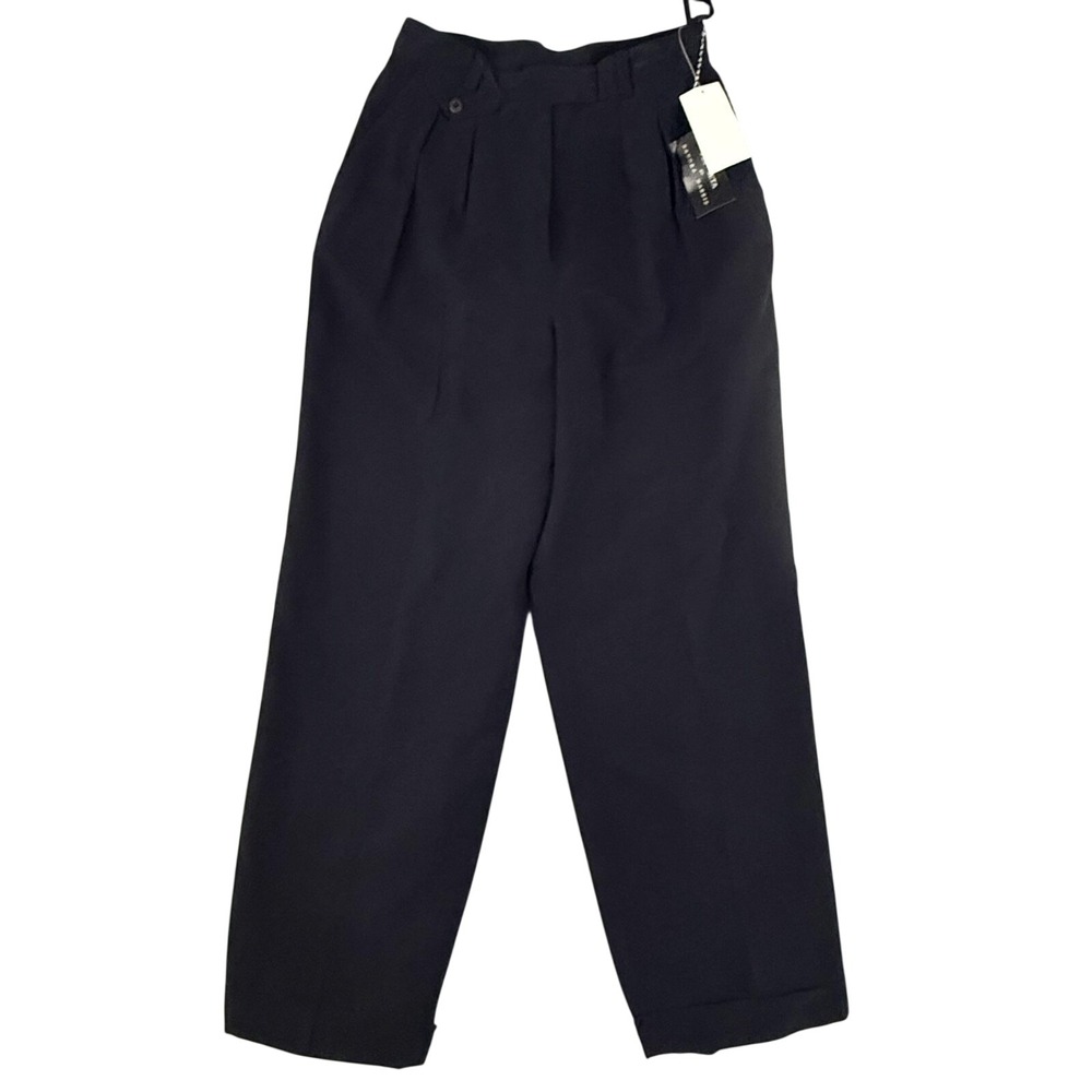 Via Seta Trousers Women 12 Black Pleated Silk High Rise Straight Leg Deadstock - Picture 2 of 16